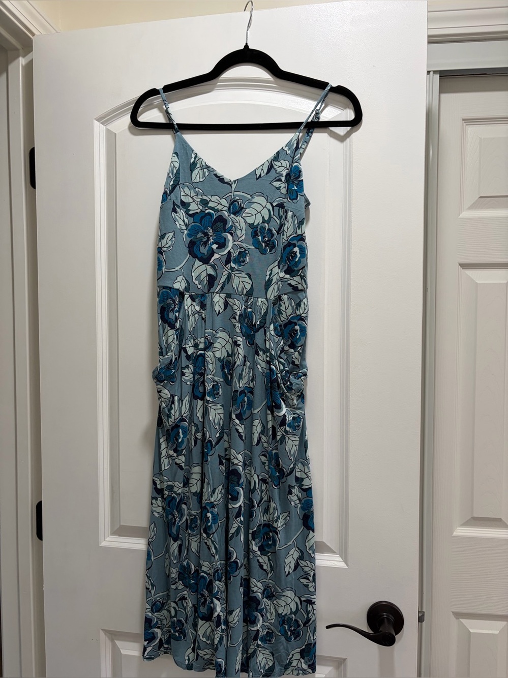 LOFT Blue Floral Spaghetti Strap Midi Dress with Pockets.